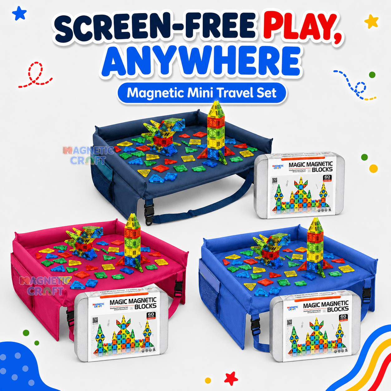 Mini Magnetic Tiles 60 PCS and Travel Tray Bundle